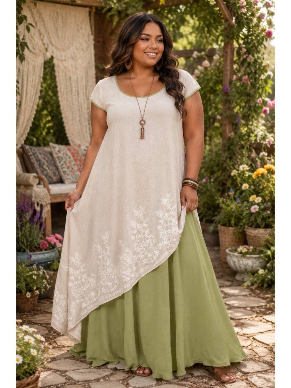 Zanzea Boho asymmetrical maxi dress XXL floral embroidery Olive Green Cottage